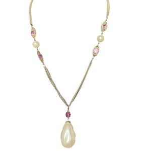 Vintage Faux Baroque Pearl Pendant & Pink Crystal Rhinestone Necklace 22”